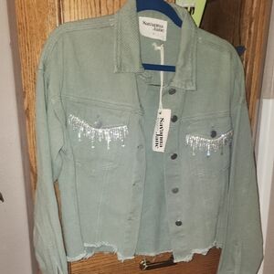NWT Savanna Jane Olive Denim Jacket with Silver Details